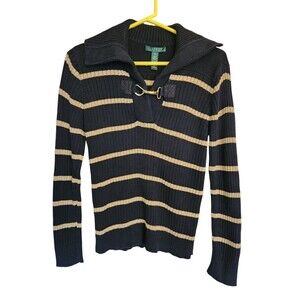 Lauren Ralph Lauren Size Medium Dark Blue Gold Metallic Stretchy Sweater